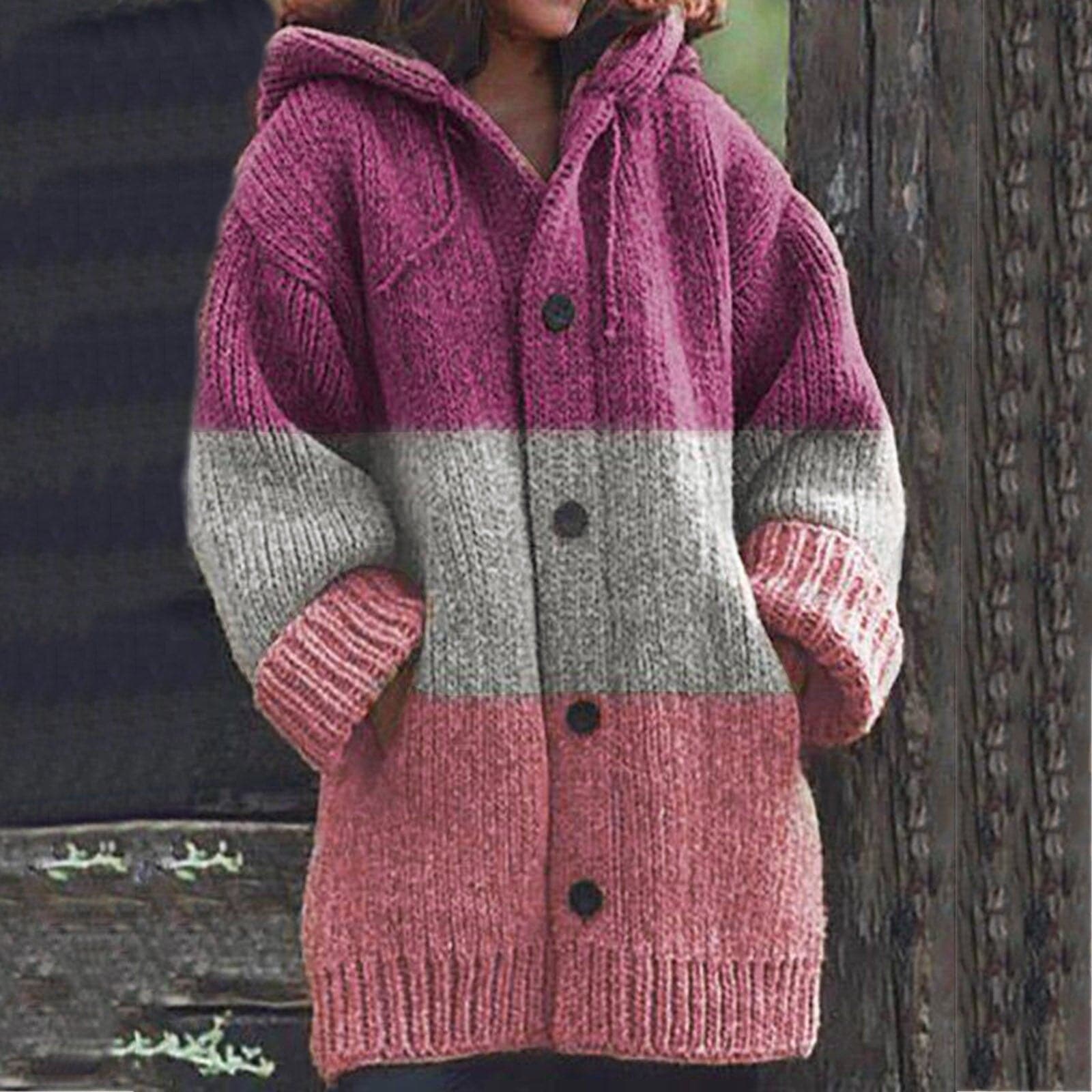 Winter Striped Stitching Cardigan Women Korean Version Loose Hooded Cardigan Sweet Long Sleeve Warm Coat Gilet Femme Clothes