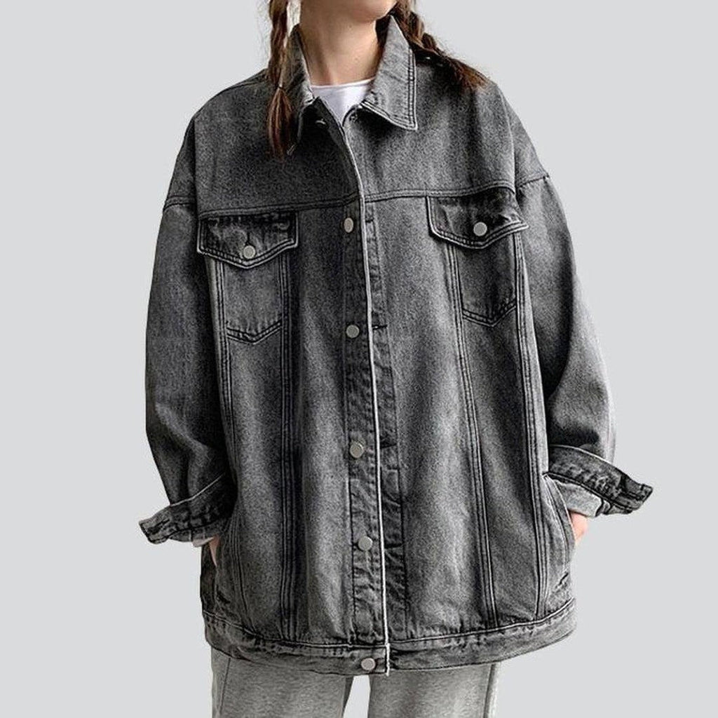 Collared Flap Pocket Button Front Oversized Denim Jacket