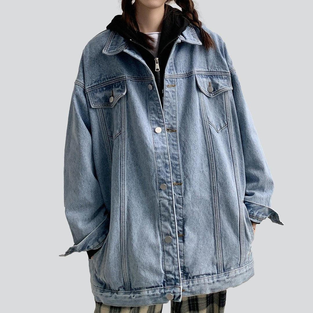 Collared Flap Pocket Button Front Oversized Denim Jacket