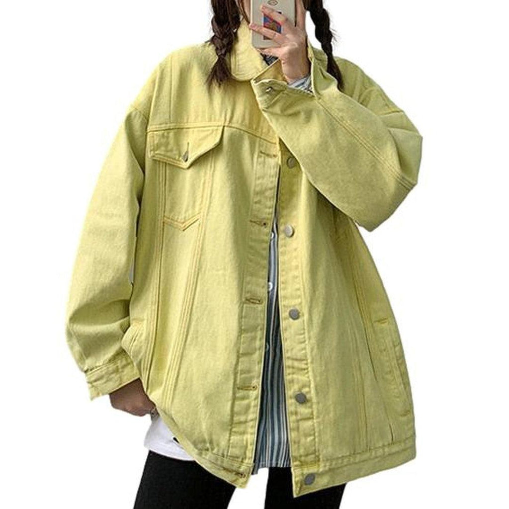 Collared Flap Pocket Button Front Oversized Denim Jacket