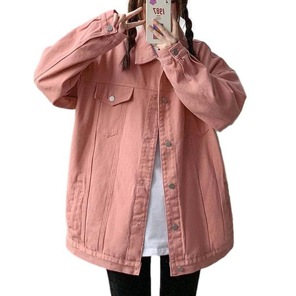Collared Flap Pocket Button Front Oversized Denim Jacket
