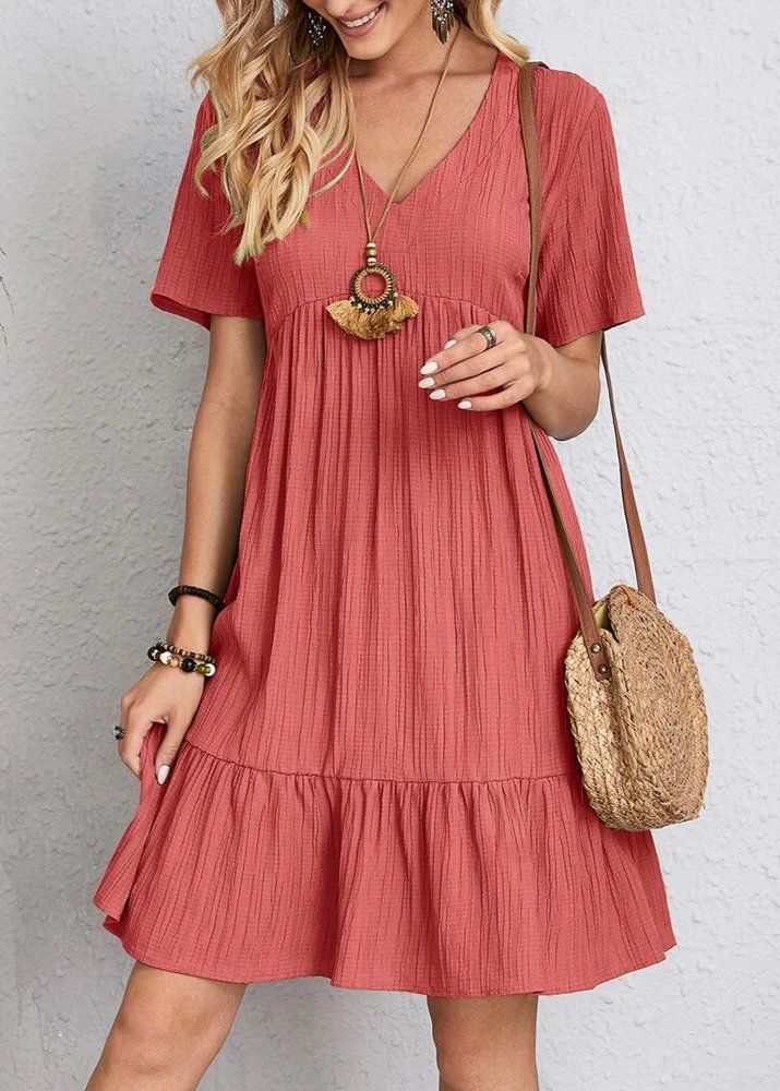 V-Neck Short Sleeve Textured Tiered Babydoll Mini Dress 3