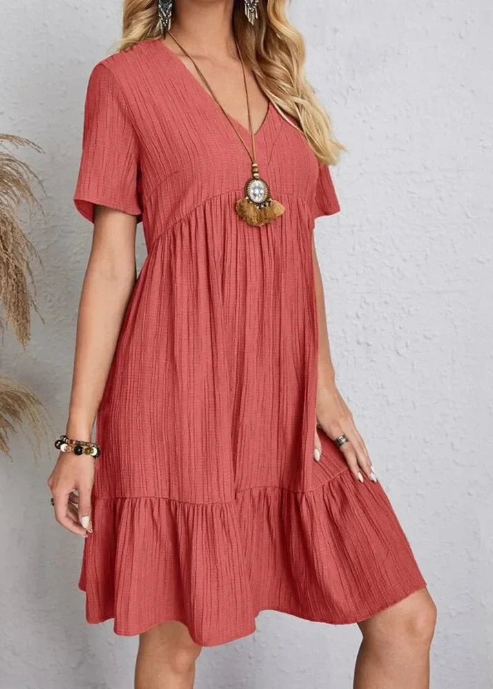 V-Neck Short Sleeve Textured Tiered Babydoll Mini Dress 4