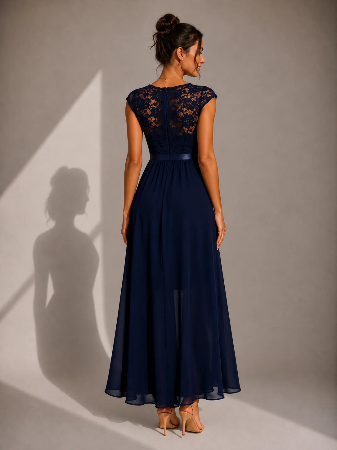 Round Neck Lace Bodice Cap Sleeve Ruffle High Slit Maxi Gown 5