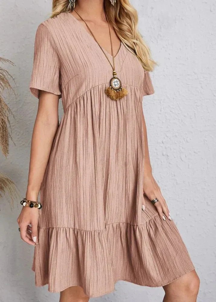 V-Neck Short Sleeve Textured Tiered Babydoll Mini Dress 6