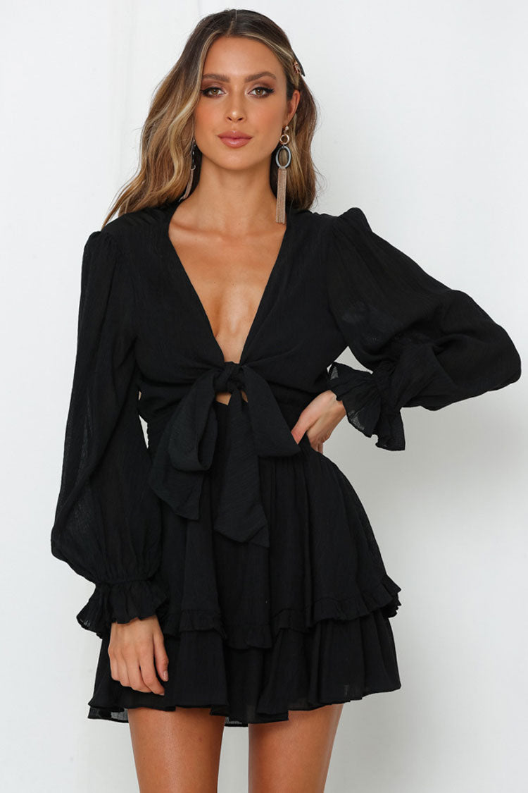 Black Deep V-Neck Balloon Sleeve Tie Front Tiered Ruffle Chiffon Mini Dress