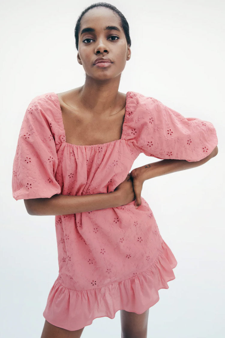 Pink Square Neck Puff Sleeve Broderie Anglaise Ruffle Hem Smock Mini Dress