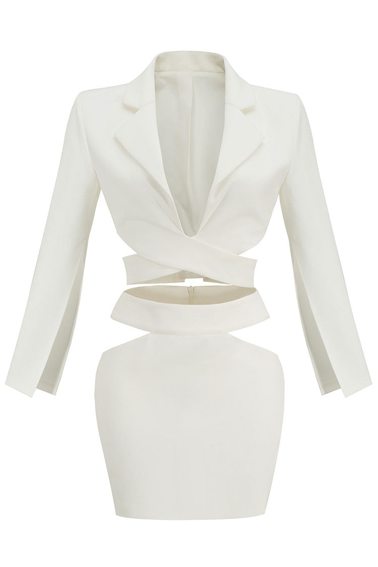 White Lapel Collar Wrap Front Split Sleeve Cutout Two Piece Mini Dress