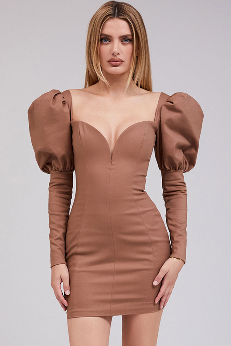 Coffee Plunge V-Neck Puff Long Sleeve Corset Bodycon Mini Dress