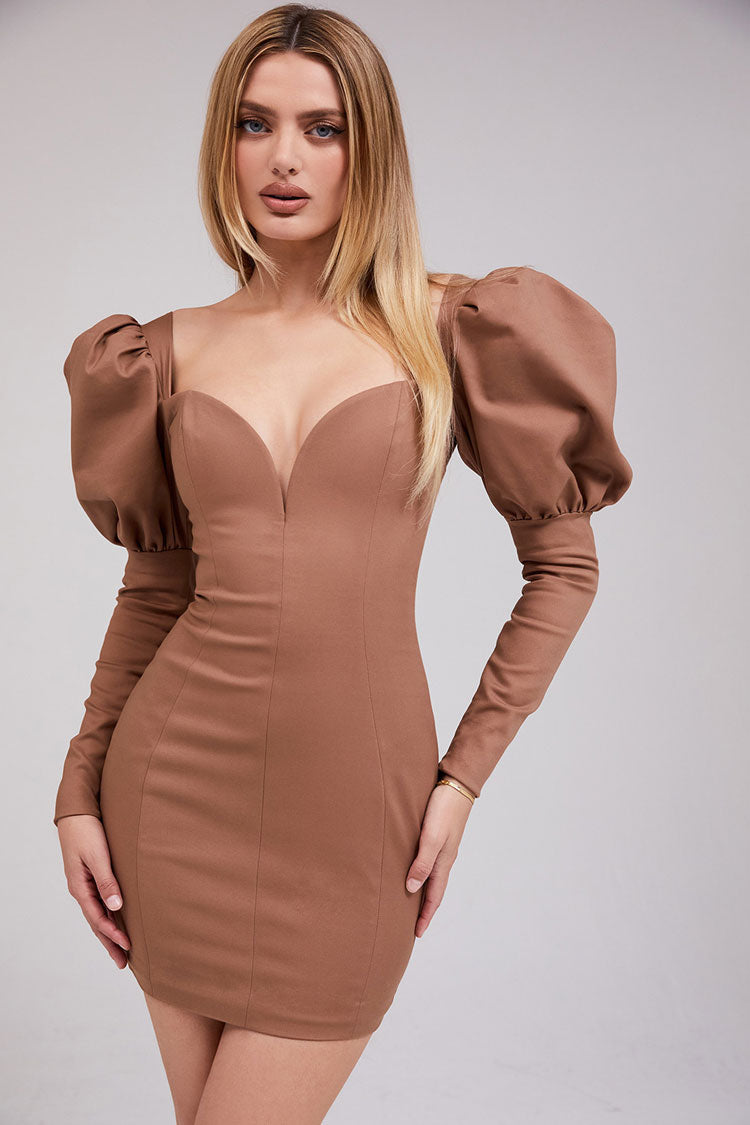 Coffee Plunge V-Neck Puff Long Sleeve Corset Bodycon Mini Dress
