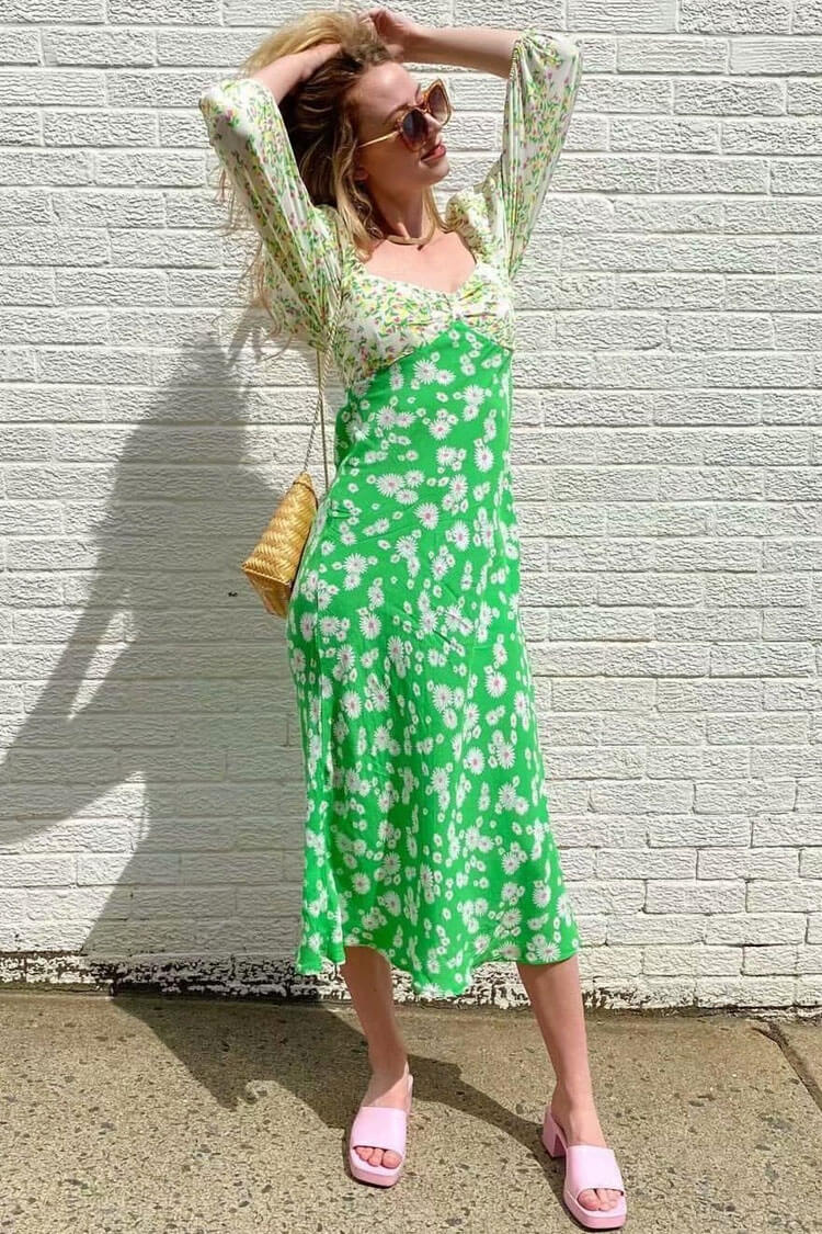 Green Puff Sleeve Open Back Floral Smocked Midi Dress