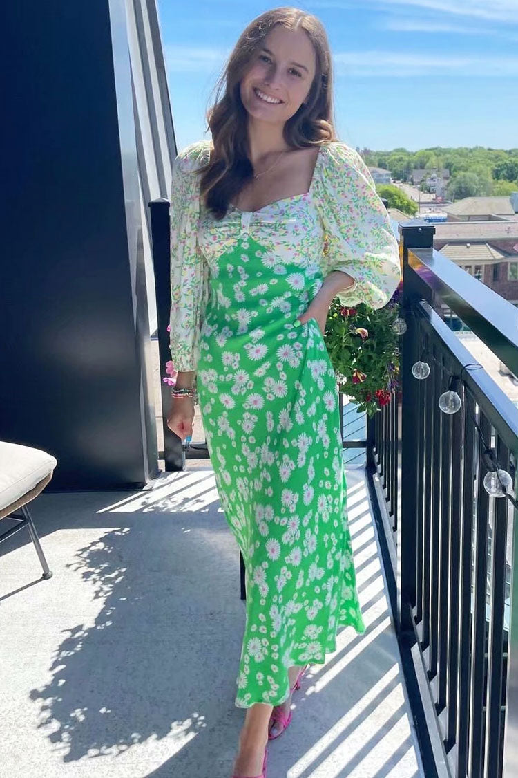 Green Puff Sleeve Open Back Floral Smocked Midi Dress