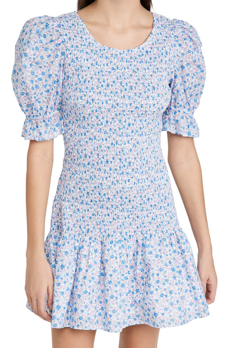 Blue Scoop Neck Puff Sleeve Floral Smocked Tiered Mini Dress