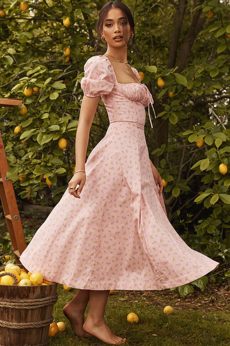 Pink Square Neck Puff Sleeve Floral Tie Front High Slit Midi Dress
