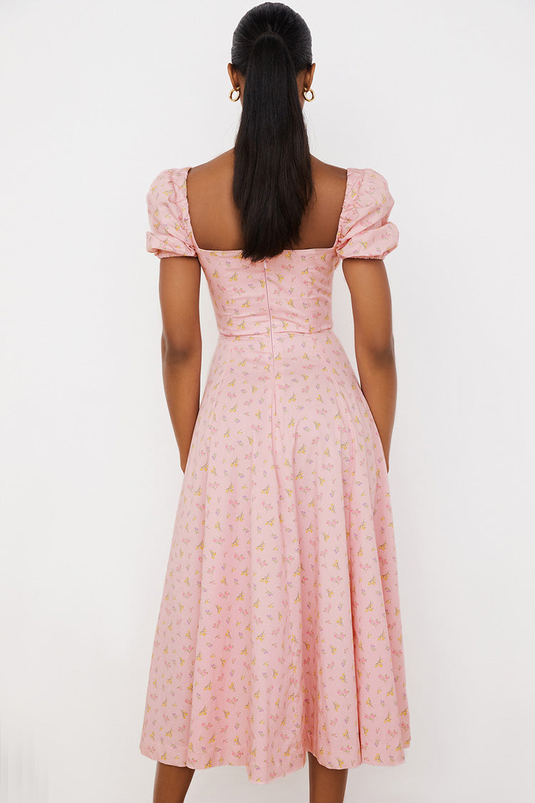 Pink Square Neck Puff Sleeve Floral Tie Front High Slit Midi Dress