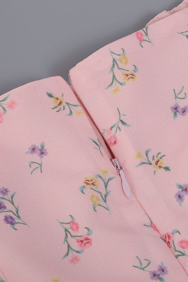 Pink Square Neck Puff Sleeve Floral Tie Front High Slit Midi Dress