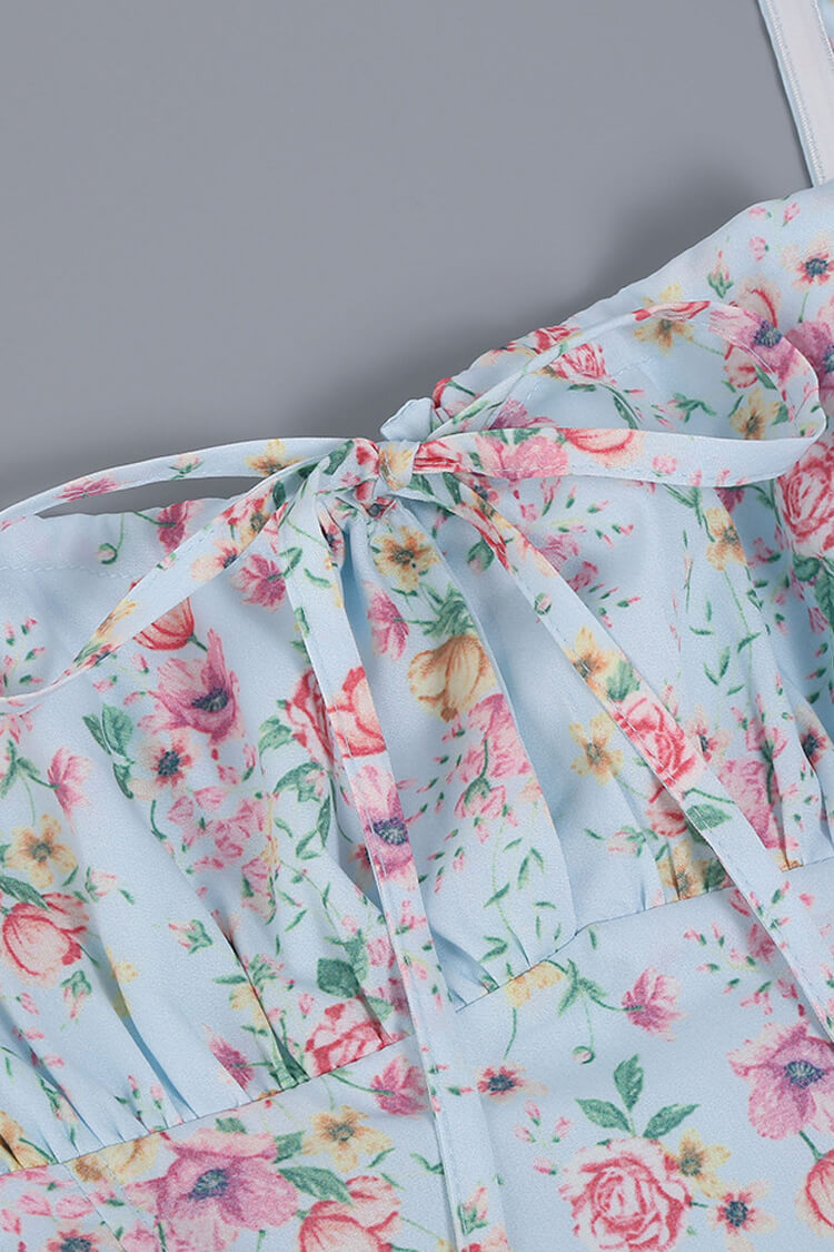 Sky Blue Square Neck Puff Sleeve Floral Tie Front High Slit Midi Dress