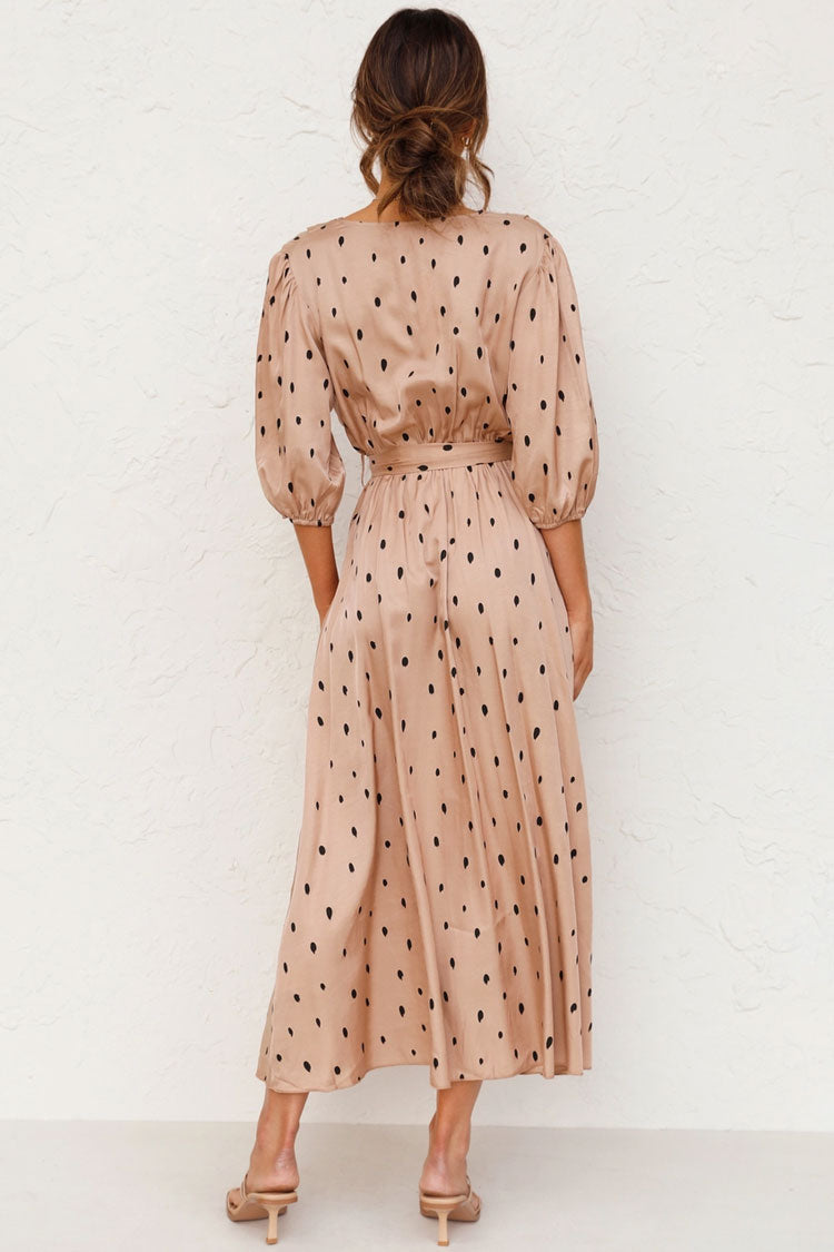 Khaki Puff Sleeve Polka Dot Wrap Tie Waist High Slit Midi Dress