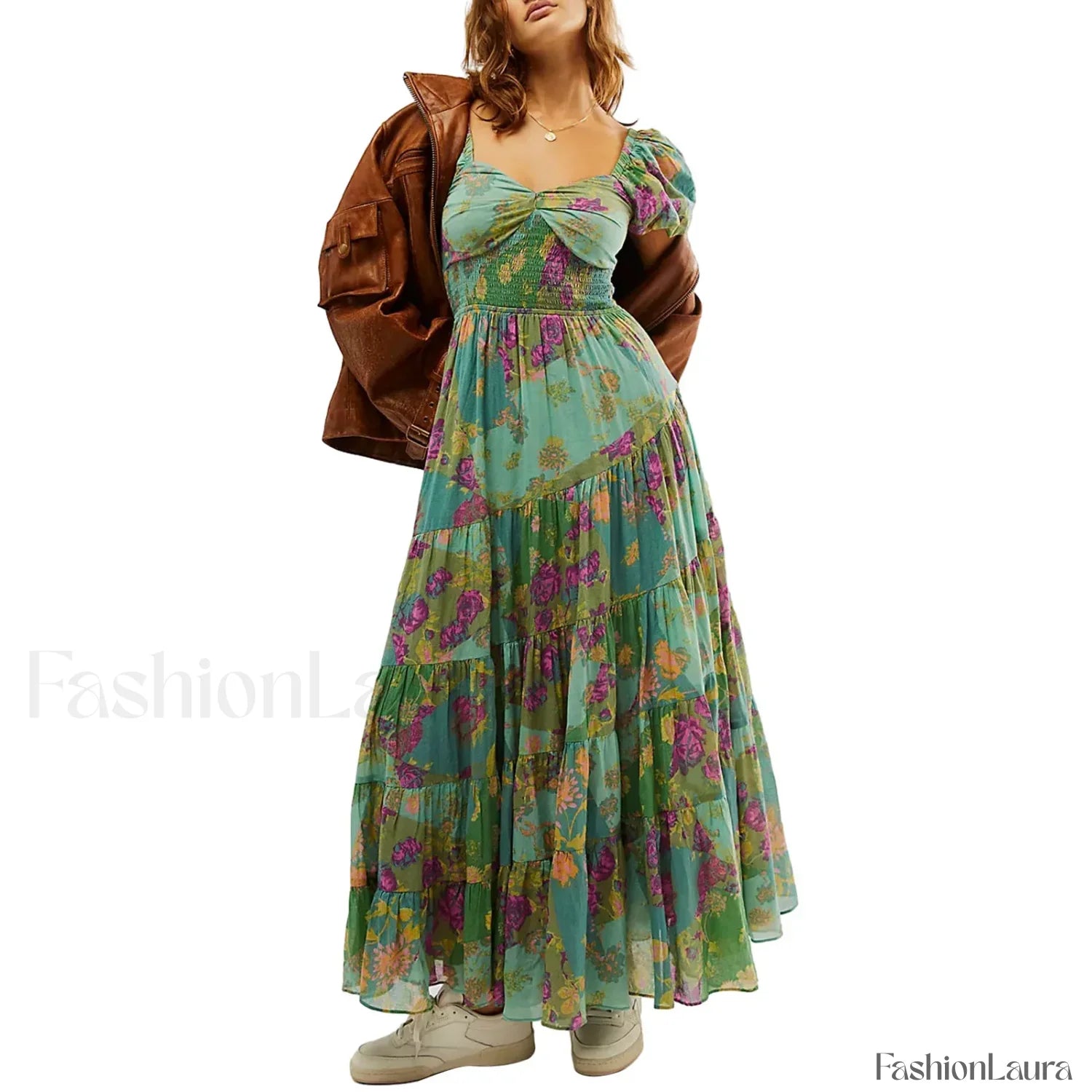 Puff Sleeve Floral Flowy Maxi Dress