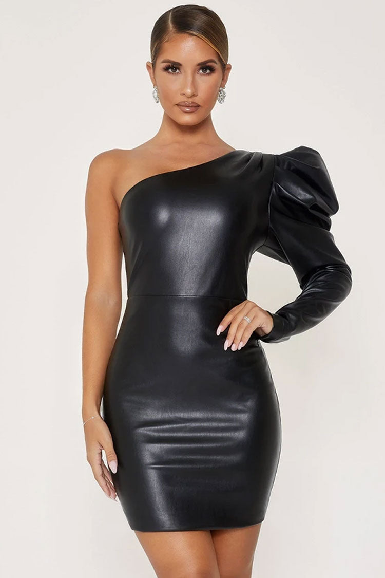 Black One Shoulder Puff Sleeve Leather Bodycon Mini Dress