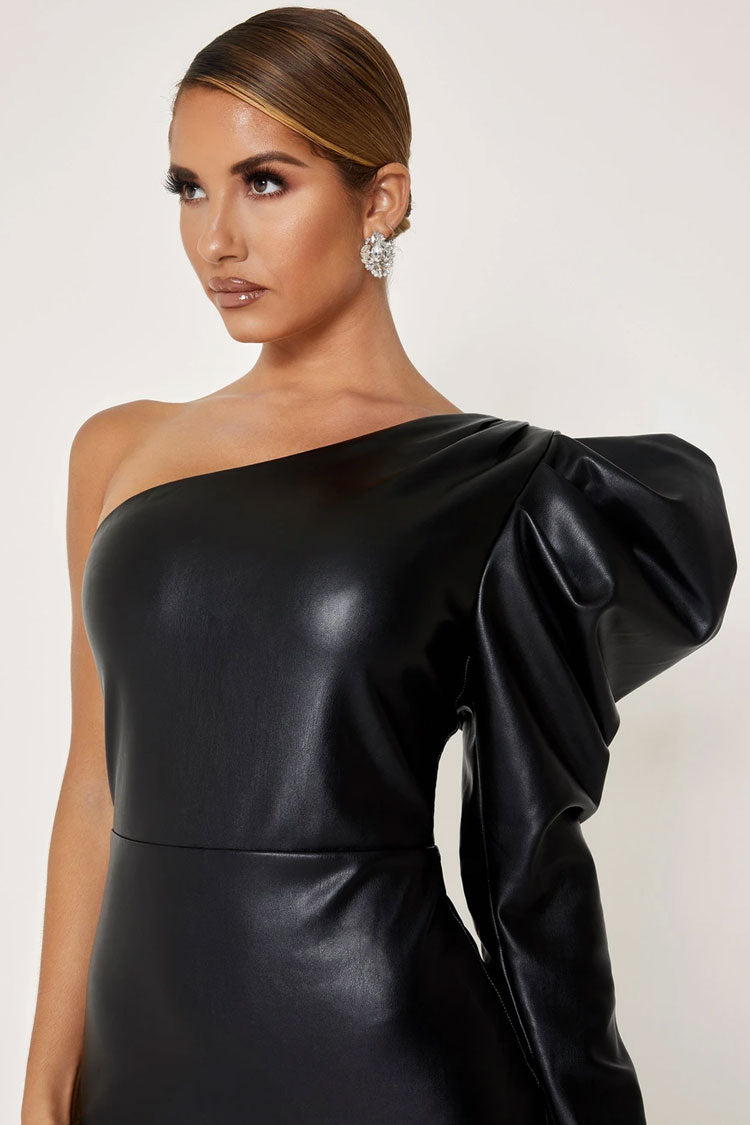 Black One Shoulder Puff Sleeve Leather Bodycon Mini Dress