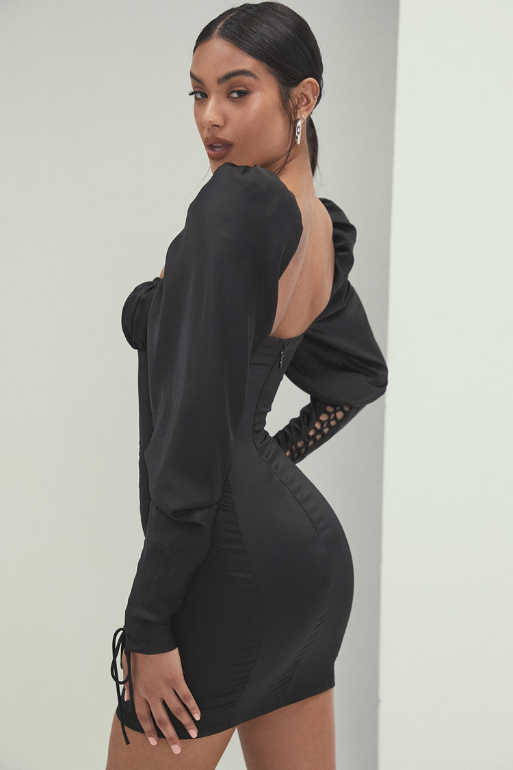 Black Square Neck Puff Sleeve Lace Up Bodycon Mini Dress