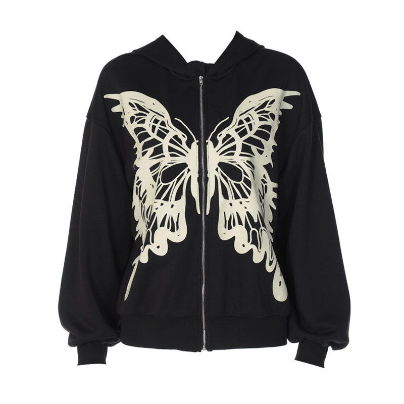 Black Butterfly Print Zip Front Drop Shoulder Long Sleeve Hoodie