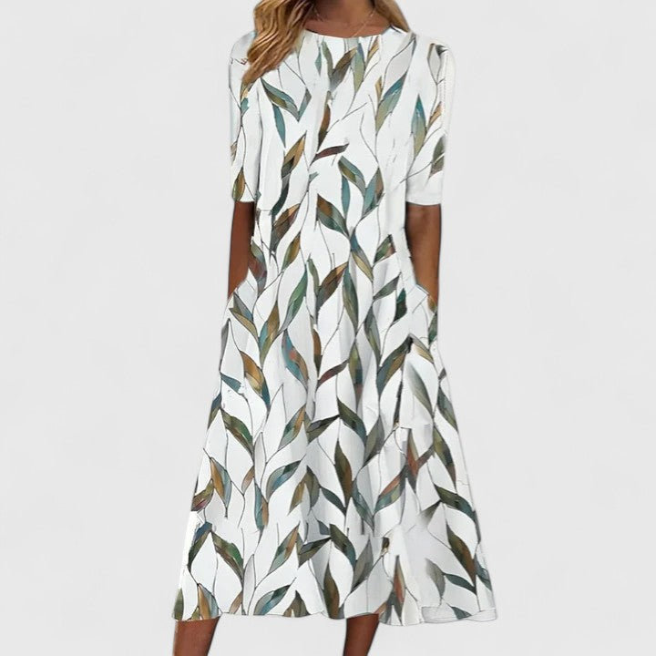 V-Neck Chambray Embroidered Trim Half Sleeve A-Line Midi Dress
