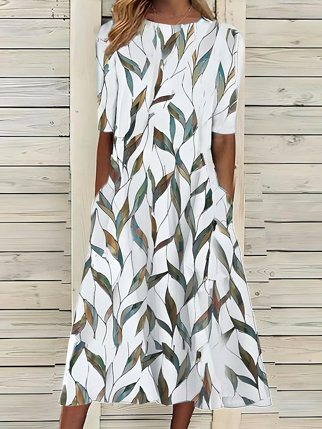 Round Neck Ditsy Floral Short Sleeve Pocket A-Line Midi Dress