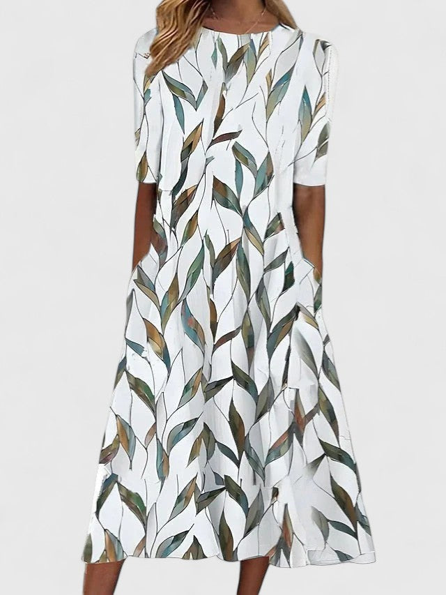 Round Neck Short Sleeve Botanical Floral Print Pocket Midi Dress