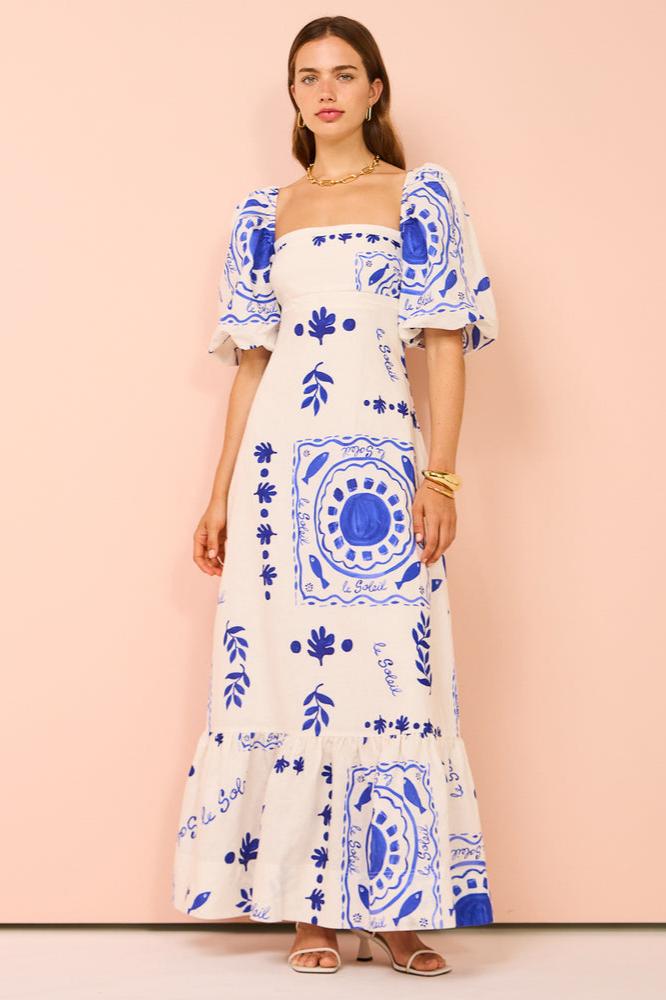 Mediterranean Puff Sleeve Midi Dress