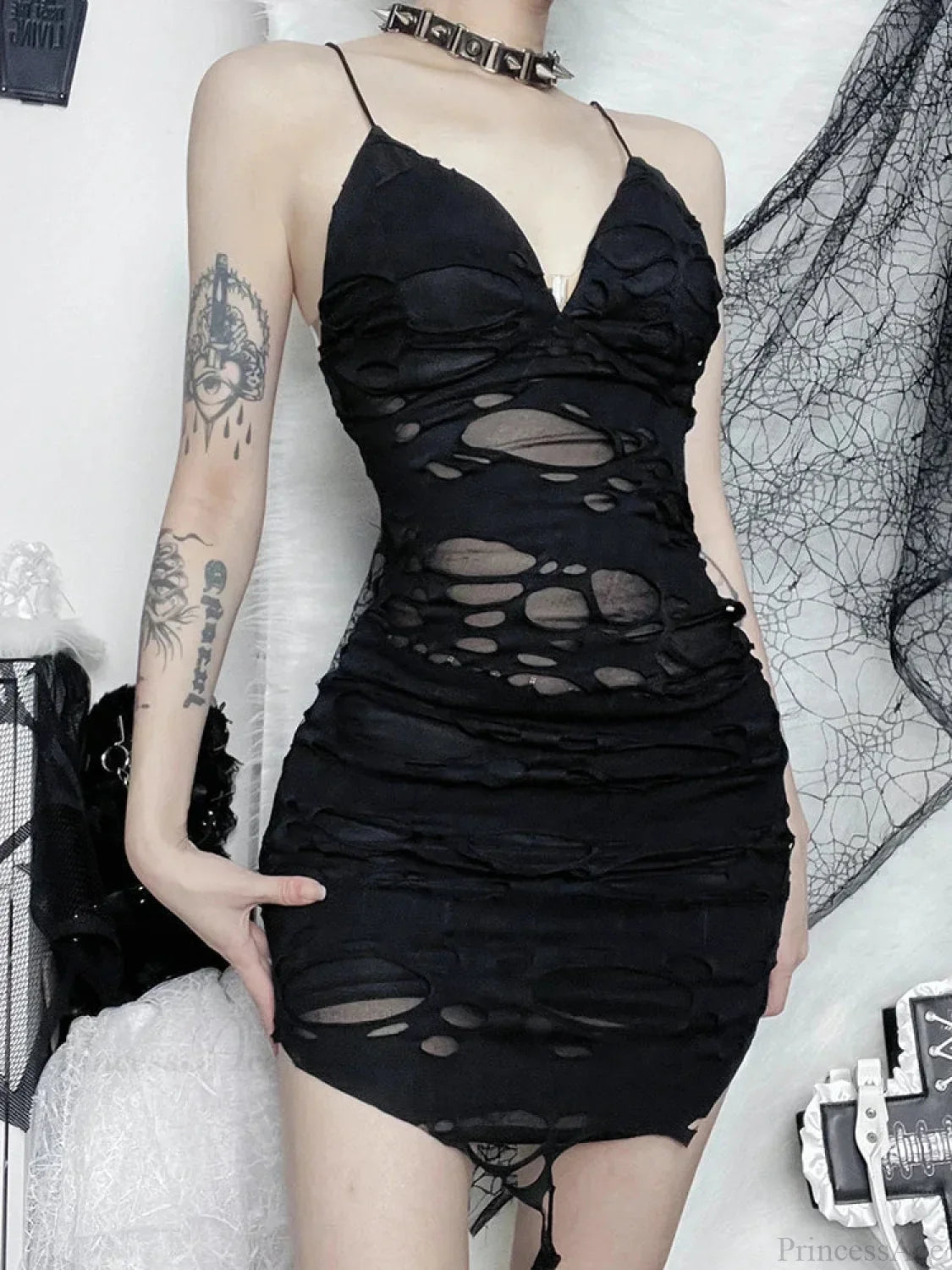 Ragged Strapless Mini Dress Black / S