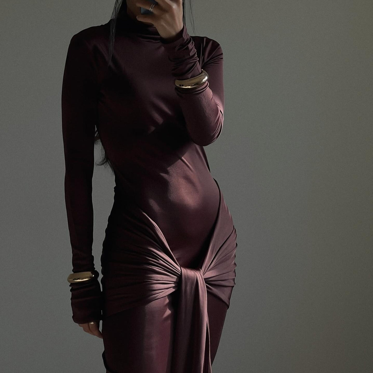 Turtleneck Long Sleeve Slinky Knot Front Bodycon Maxi Dress