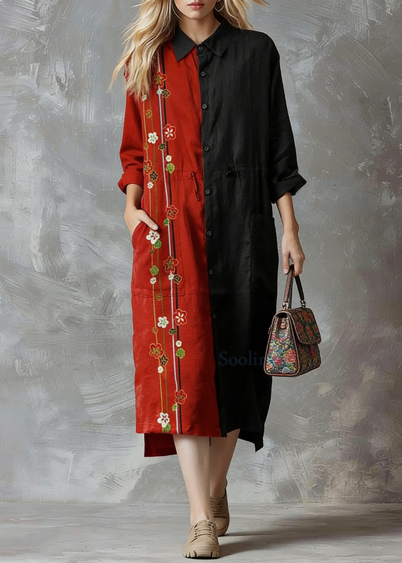 Red Flower Linen Shirt Dress Casual Oversize Spring Maxi Dresses