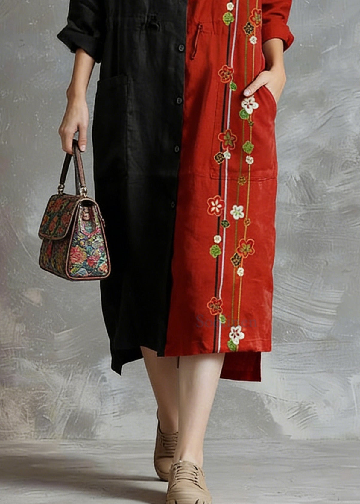 Red Flower Linen Shirt Dress Casual Oversize Spring Maxi Dresses