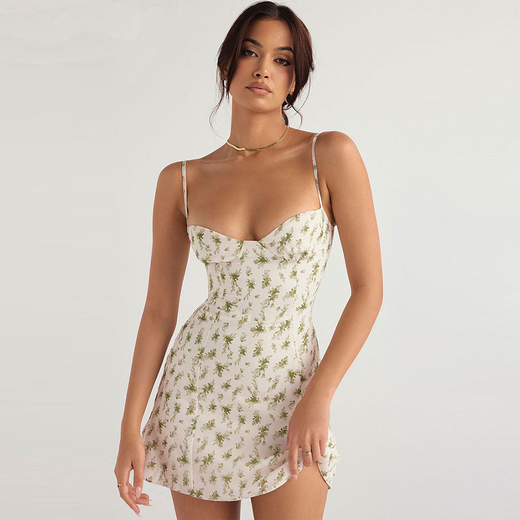 White Sweetheart Neck Spaghetti Strap Floral Print A-Line Mini Dress