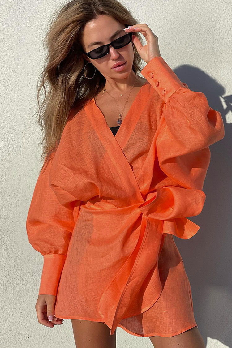 Burnt Orange V-Neck Balloon Sleeve Tie Waist Linen Wrap Mini Dress