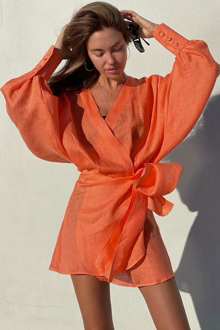 Burnt Orange V-Neck Balloon Sleeve Tie Waist Linen Wrap Mini Dress