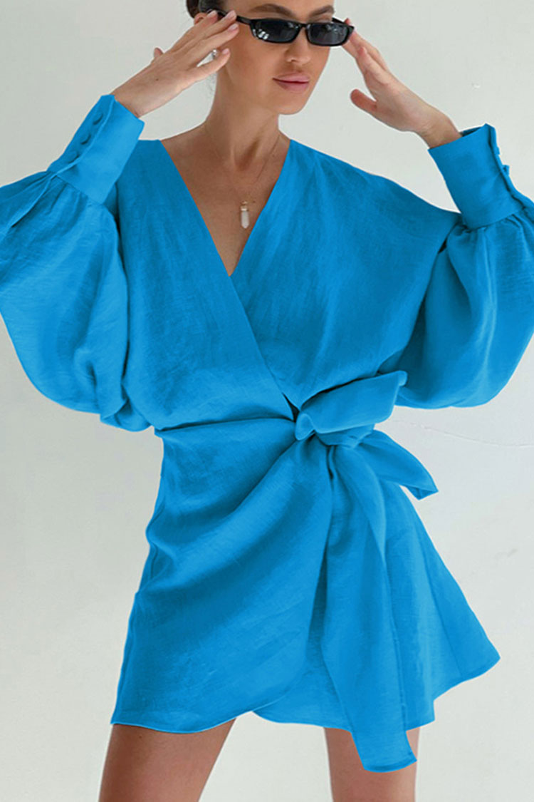 Sky Blue V-Neck Balloon Sleeve Tie Waist Linen Wrap Mini Dress