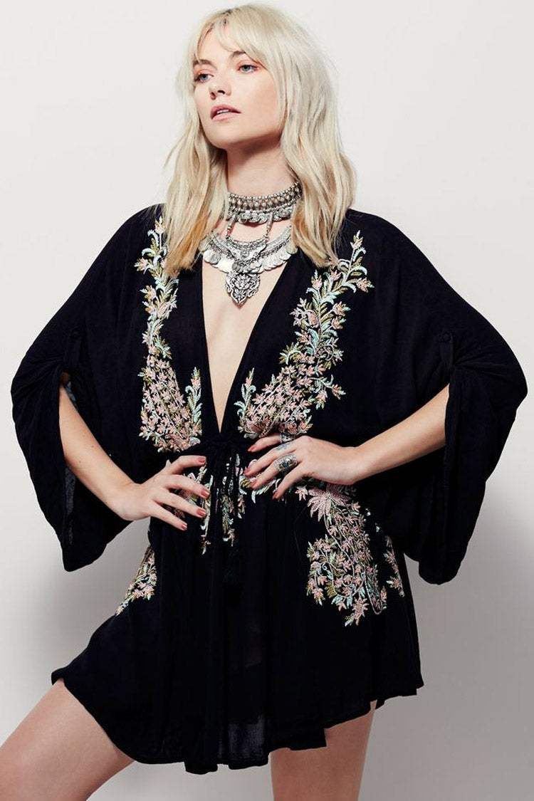 Black Plunge V-Neck Floral Embroidered Kimono Sleeve Tassel Tie Boho Mini Dress