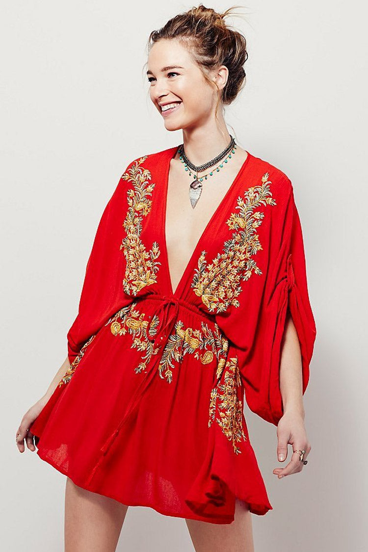Red Deep V-Neck Floral Embroidered Kimono Sleeve Boho Mini Dress