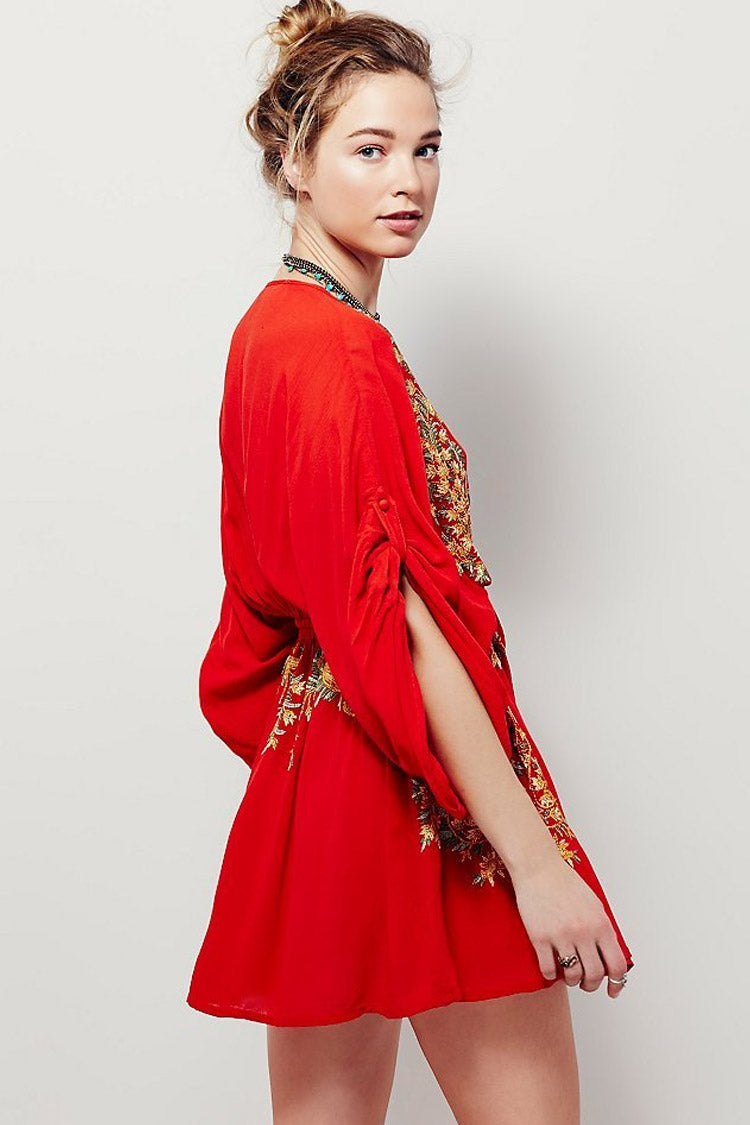 Red Deep V-Neck Floral Embroidered Kimono Sleeve Boho Mini Dress