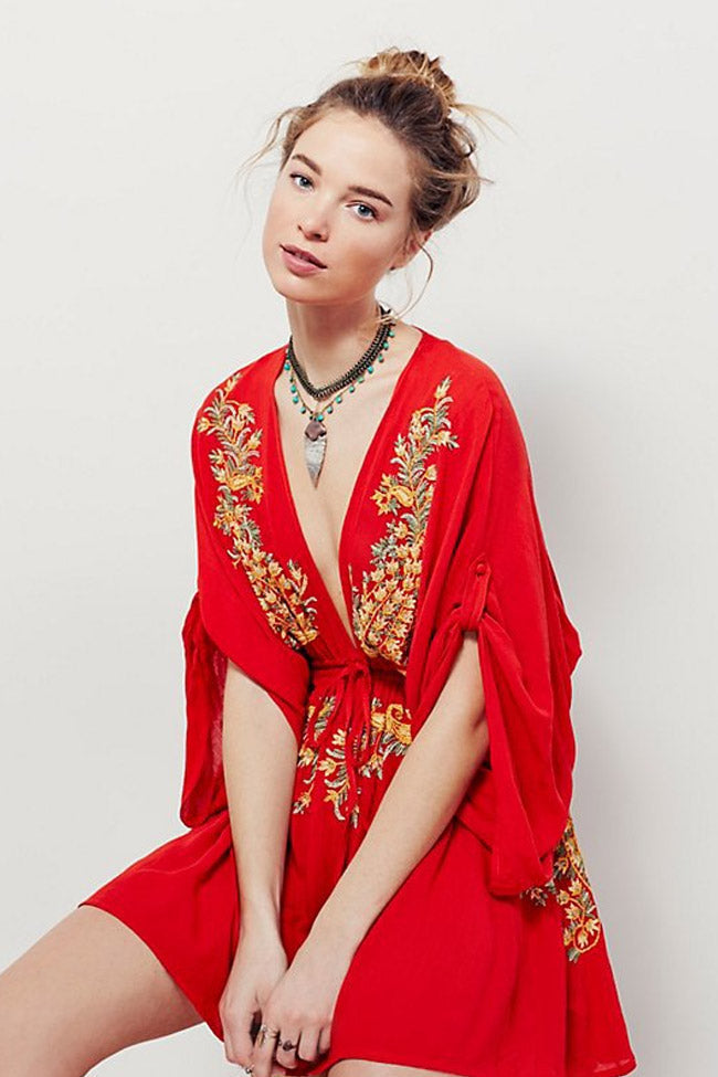 Red Deep V-Neck Floral Embroidered Kimono Sleeve Boho Mini Dress