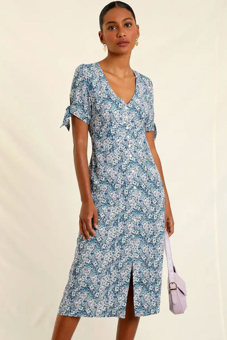Blue V-Neck Floral Print Tie Sleeve Button Up Midi Dress