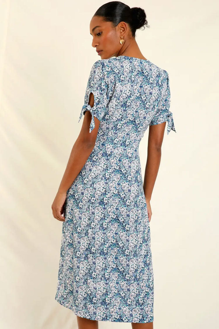 Blue V-Neck Floral Print Tie Sleeve Button Up Midi Dress