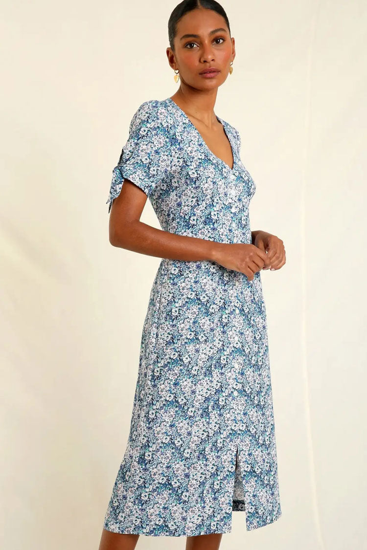 Blue V-Neck Floral Print Tie Sleeve Button Up Midi Dress
