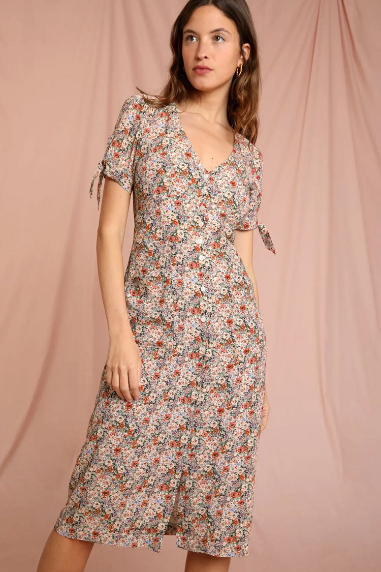 Red V-Neck Floral Print Tie Sleeve Button Up Midi Dress
