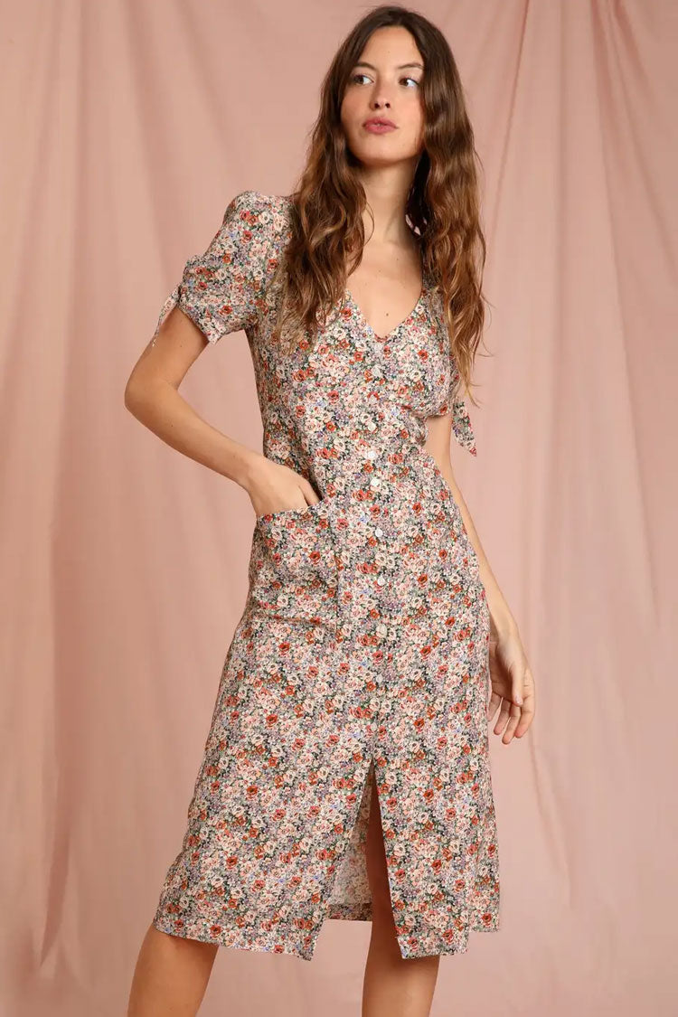 Red V-Neck Floral Print Tie Sleeve Button Up Midi Dress