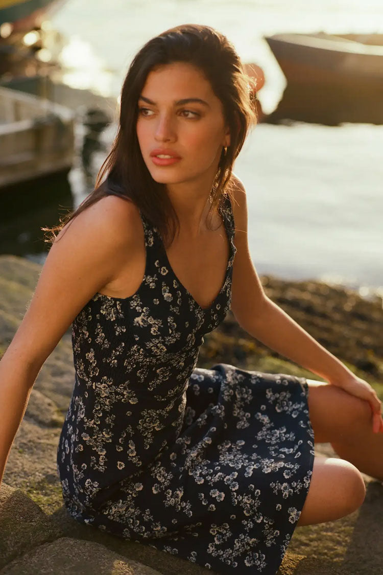 Navy Blue V-Neck Floral Print Sleeveless Sheath Midi Dress