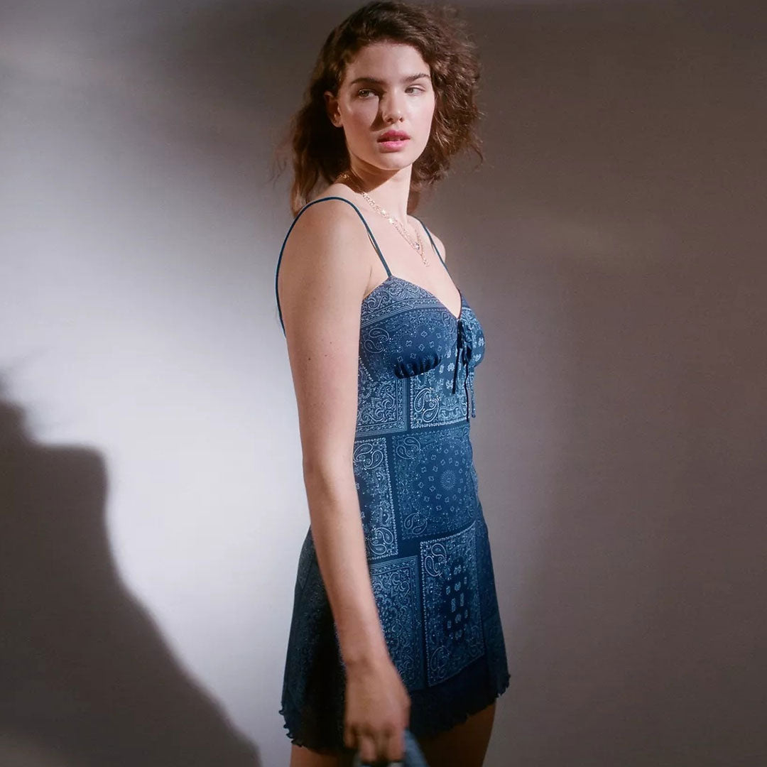 Blue Spaghetti Strap Tie Front Paisley Patchwork Mesh Slip Mini Dress 2